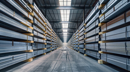 A vast warehouse housing numerous metal shelves filled with neatly stacked steel beams