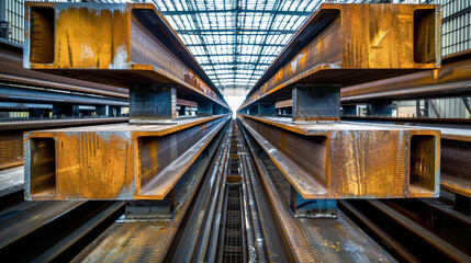 A mesmerizing view of a building interior filled with a multitude of steel beams intertwining and reaching towards the sky