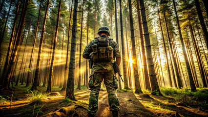 Silhouette of army soldier at dawn in forest Back view. Equipped military man in Protective Combat Uniform is ready for war.