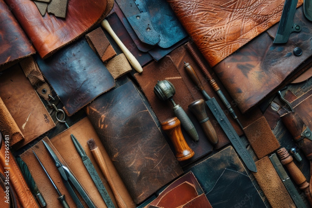 Wall mural various leather tools neatly arranged on a table. ideal for craft and diy projects