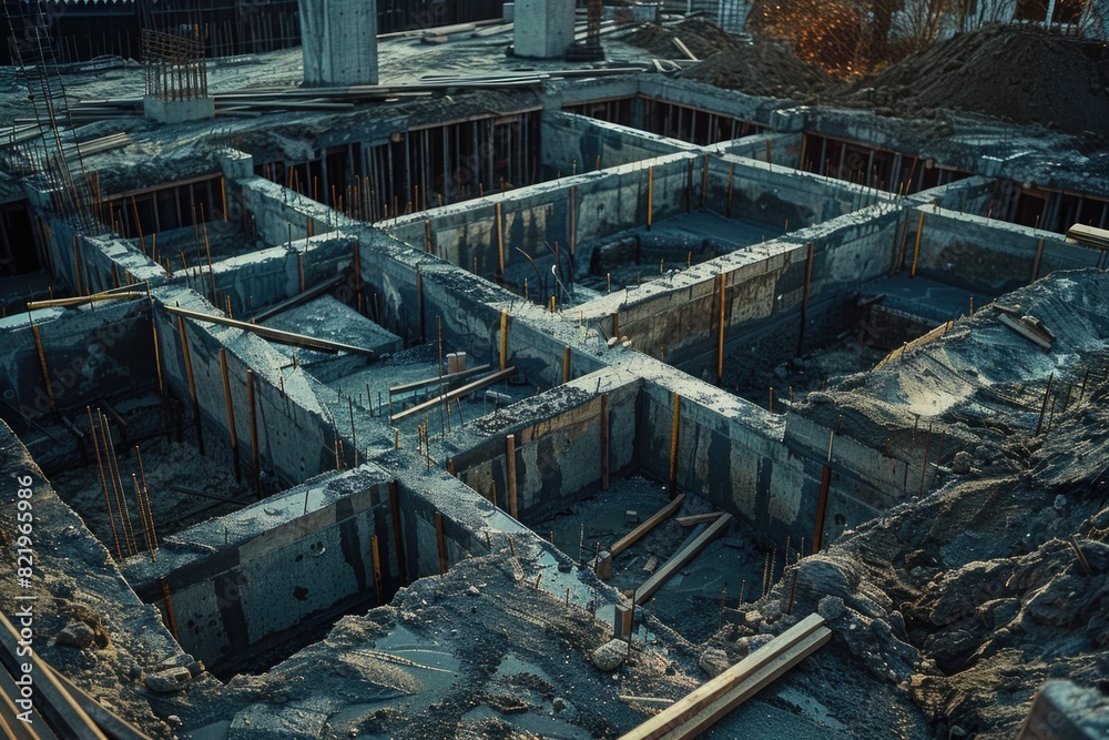 Poster a busy construction site with lots of concrete. suitable for construction and industrial concepts