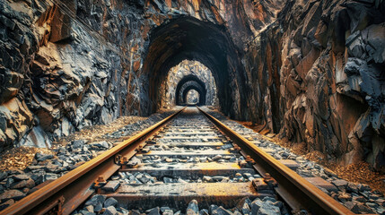 A train track weaves its way through the darkness of a tunnel deep underground, disappearing into the unknown