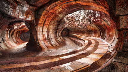A mesmerizing tunnel cuts through the ancient cave, revealing the mysterious depths of the underground mine