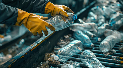 A worker organizes plastic bottles on a conveyor belt at a waste recycling plant