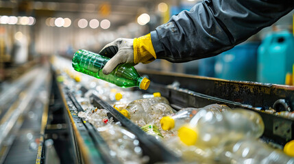 A worker meticulously fills plastic bottles in a factory as part of the recycling process, contributing to sustainability efforts