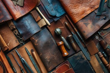 Various leather tools neatly arranged on a table. Ideal for craft and DIY projects