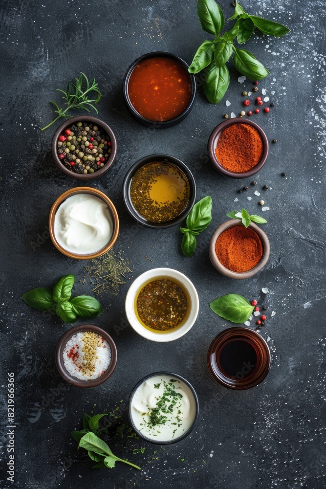 Poster Assortment of different sauces in small bowls, perfect for food and culinary concepts