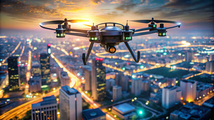 Unmanned military drone in sky above the big city close up. A drone operator controls for reconnaissance operation. Concept using quadrocopters in smart digital war.	