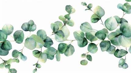 Obraz premium On a white background, a watercolor green floral banner features silver dollar eucalyptus leaves.