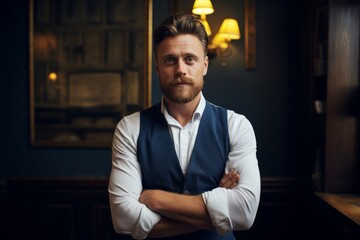 Fototapeta premium Portrait of a tender man in his 30s with arms crossed in front of scandinavian-style interior background