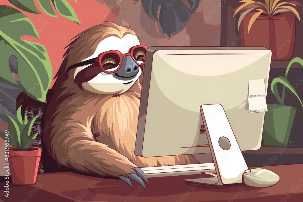 Poster A sloth sitting in front of a computer. Suitable for technology concepts