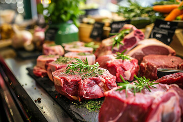 Various cuts of fresh raw red meat on a counter in a supermarket 