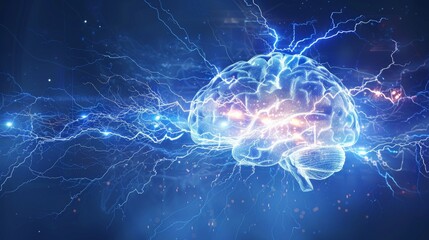 Electric activity, flashes, and lightning on a blue background. Illustration of the human brain.