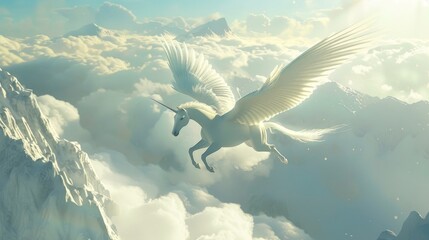 An image of the majestic Pegasus horse flying above the clouds and snow-capped mountains. 3D rendering.