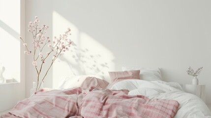 The interior of a cute, cute, cozy bedroom with an unmade bed, pink plaid, and cushions. It is rendered in 3D using some empty white walls as a background.