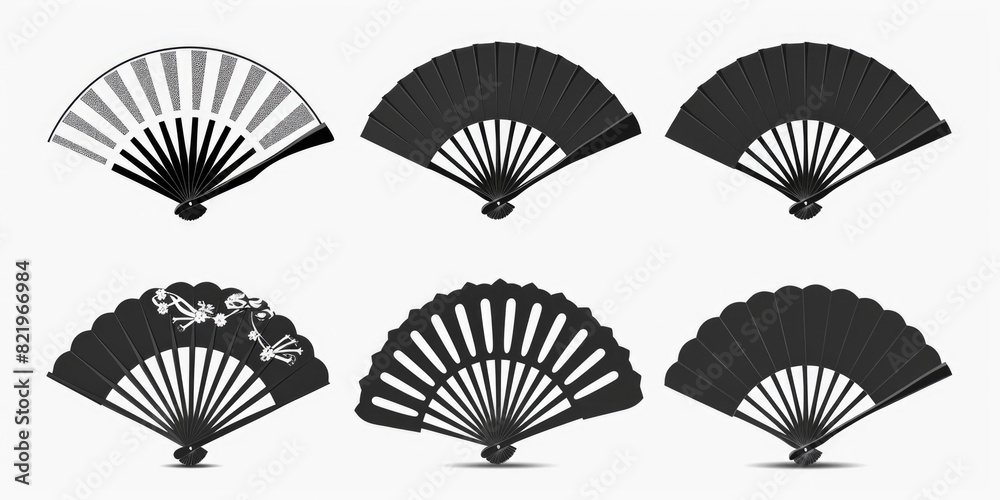 Poster a collection of six elegant black and white fan designs. perfect for various design projects