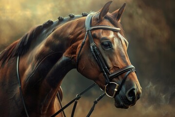 A brown horse wearing a bridle, suitable for equestrian themes