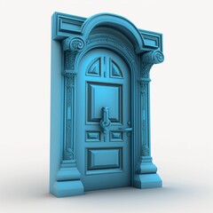  a 3D model of a grand, ornate door. It's rendered in a solid, light blue color against a white background. The door has a classic, arched top and is flanked by two ornate columns. 
