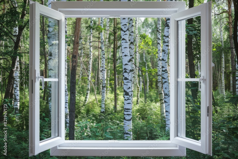 Poster An open window showing a view of a forest, suitable for nature concepts