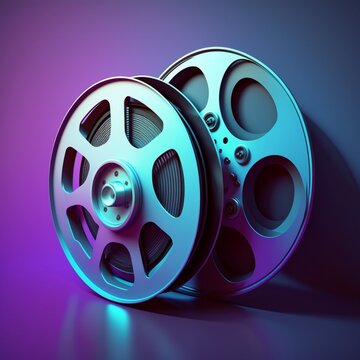 Close-up of two stacked 35mm black film reels with sprocket holes on a dark purple background. 