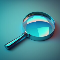 a magnifying glass resting on a smooth, reflective surface. The background appears to be a gradient of blue hues