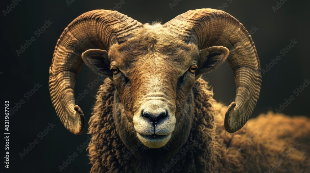 Poster close up of a ram with large horns, suitable for various nature and animal themed projects