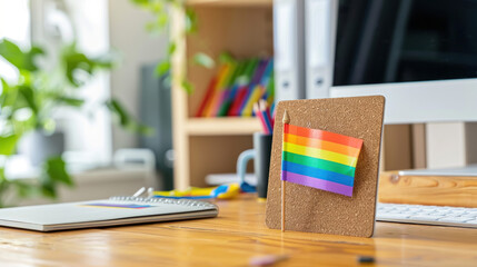 Modern office desk, rainbow flag pin, diversity and inclusion symbol