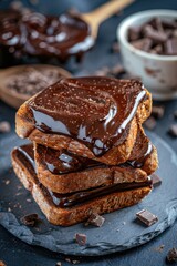 A stack of toast with chocolate on top, ideal for breakfast menus
