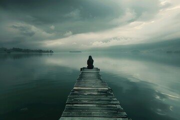A person sitting on a dock in the middle of a serene lake. Suitable for travel and relaxation concepts