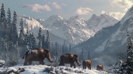 There are three woolly mammoths trudging over a ridge of snow-covered hills. Mountains with snow-covered peaks rise above deep green forests of fir trees behind them.