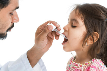 Little girl 5 years old holding head up with open mouth to get drop of medicine, giving by doctor hand. White background. Kid getting polio drops. Child oral vaccination. Baby receiving liquid vaccine