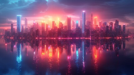 Fototapeta premium Modern city skyline with building scenery at sunset.