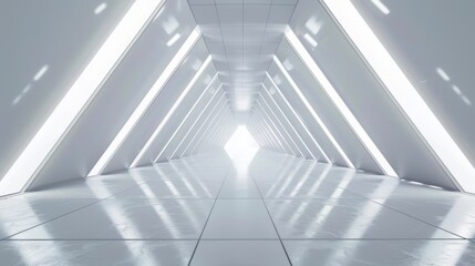 A futuristic sci-fi triangle tunnel with an empty light corridor and a modern white background. 3D rendering.