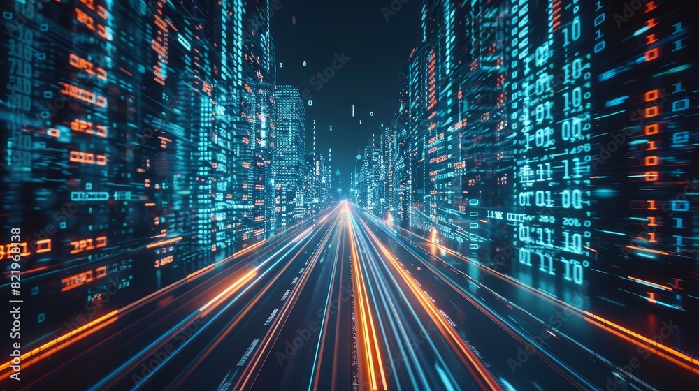 Poster abstract highway path with digital binary towers in a city. human-machine collaboration, big data, m