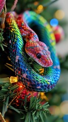 A close-up view of a multi-colored, decorative snake coiled on a Christmas tree, with festive lights in the background.