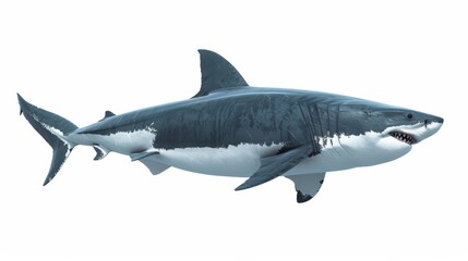 A white shark, a marine predator, is viewed from the side. 3D rendering.