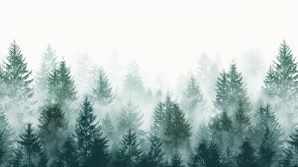 Obraz premium Isolated fir trees on a white background with a seamless pattern of a foggy spruce forest.