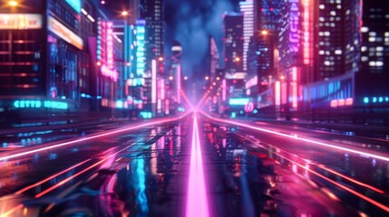 This image shows a photorealistic 3D representation of a futuristic city dominated by neon lights in the style of cyberpunk.