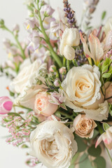 Small bouquet with dew-kissed flowers on white background