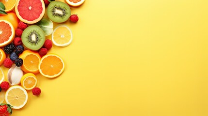 fruits and vegetables on a yellow background with copy space 