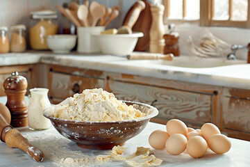 Fototapeta premium Rustic kitchen with baking ingredients including flour, eggs, and butter on a wooden table