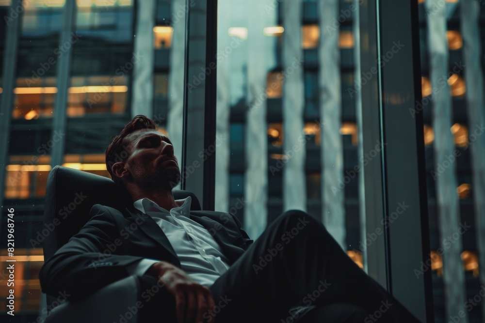 Poster a man sitting in a chair by a window, suitable for various concepts and designs