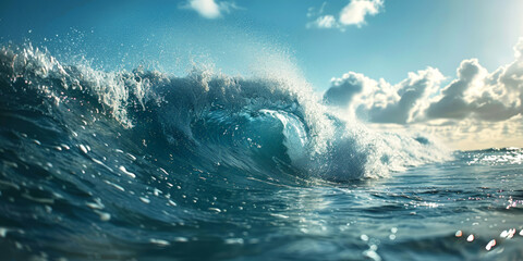 Powerful ocean wave crashing in the sea under a clear blue sky with fluffy clouds. World Ocean Day.