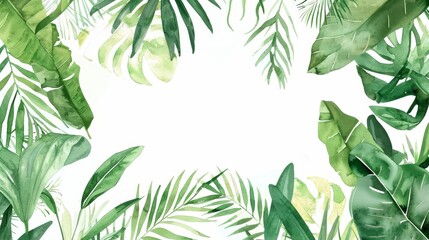 Frame with tropical green leaves and branches painted in watercolor. Perfect for wedding invitations, saving the date cards, or greeting cards.