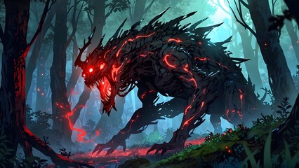 Fototapeta premium Illustration of a terrifying creature, dark magic and mythical beasts, glowing red markings, cinemtic look
