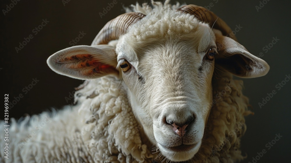 Aufkleber close up of a sheep's face with a dark background, suitable for various projects