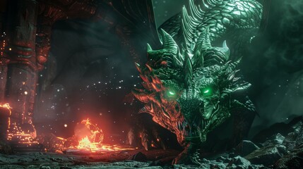 Mythological creature with glowing green eyes and flames in a dark cave. Concept art of the Gothic dragon's head. 3D illustration of the final boss location.