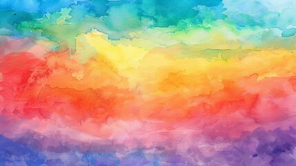 Colorful watercolor background of rainbow hues of pink, green, blue, yellow, and purple clouds in an abstract sunset sky