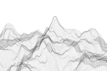 3D render of minimalist wireframe mountain ranges, with detailed mesh and grid lines, evoking a futuristic abstract landscape on a white background