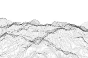 Abstract 3D wireframe mesh waves on white background showcasing technological elegance
